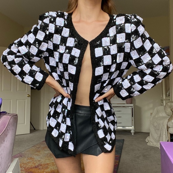Vtg BW Chess Checkered Sequin Jacket Cardigan - Picture 5 of 11